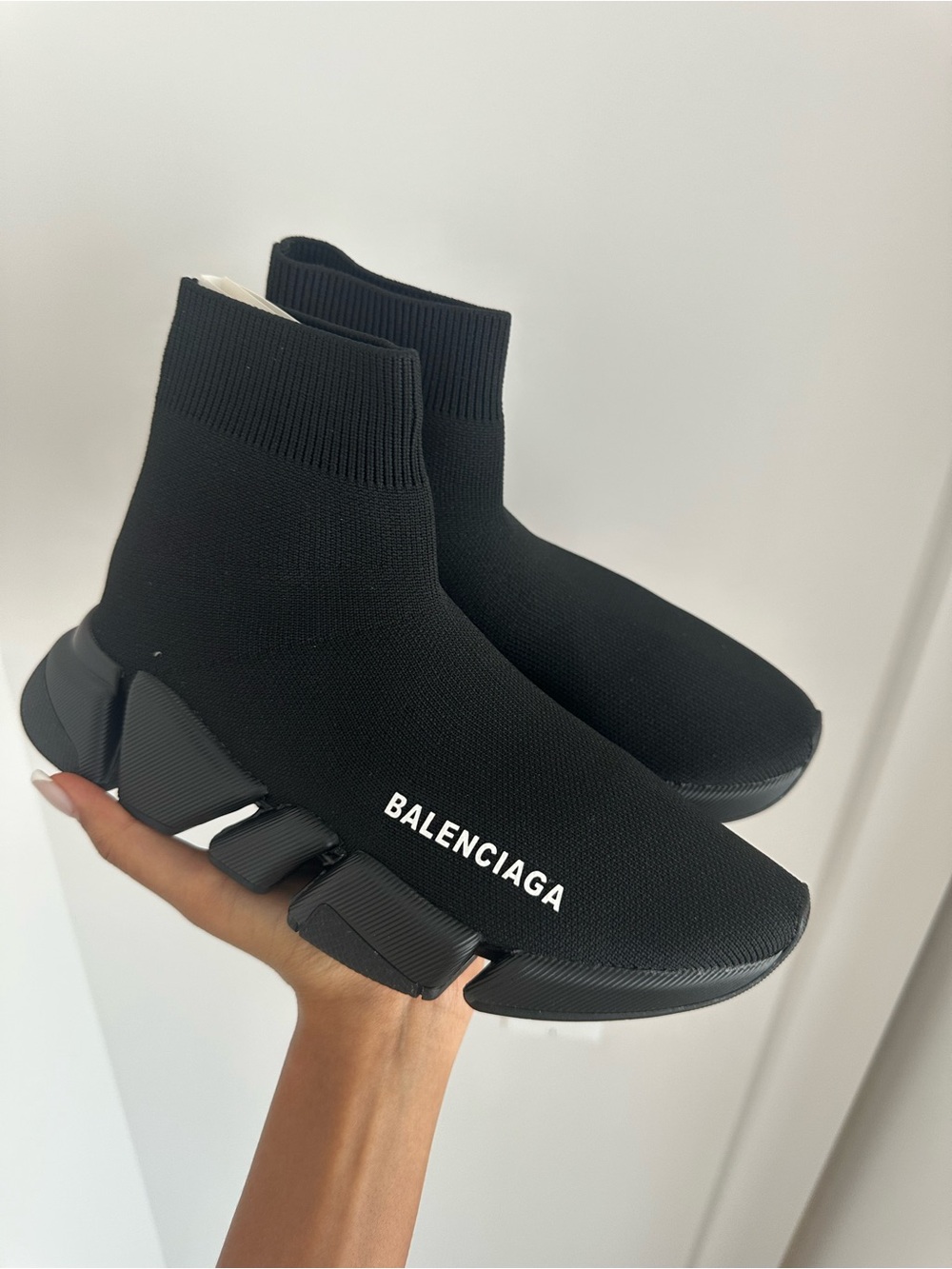 Balenciaga Black Knit Sock Sneakers with White Logo